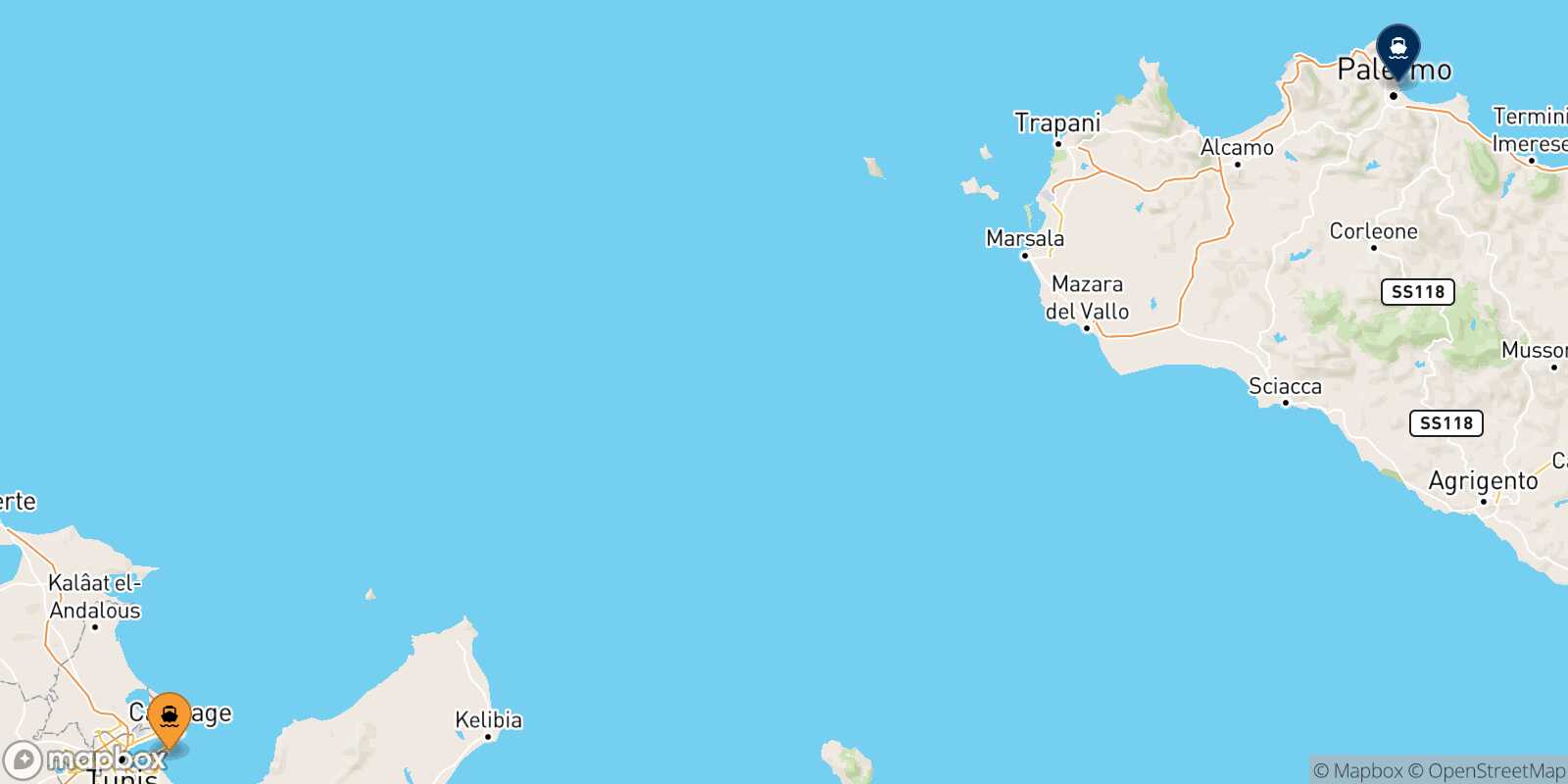 Mapa de la ruta Túnez Palermo