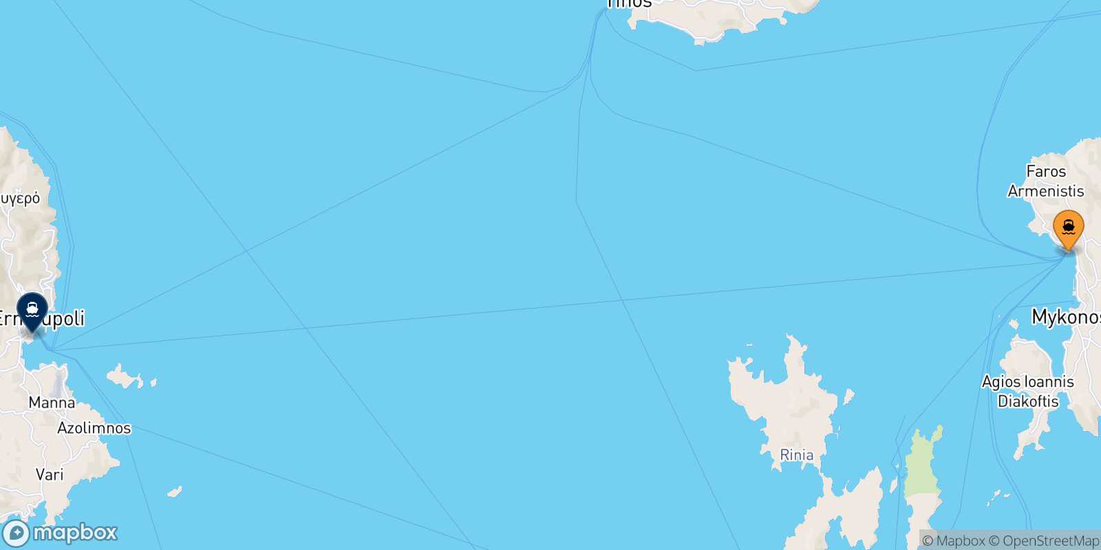 Mapa de la ruta Mykonos Syros