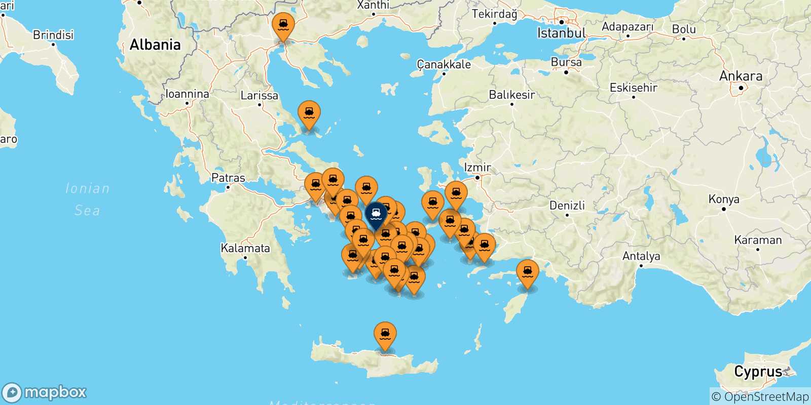 Mapa de las posibles rutas entre Grecia y  Syros