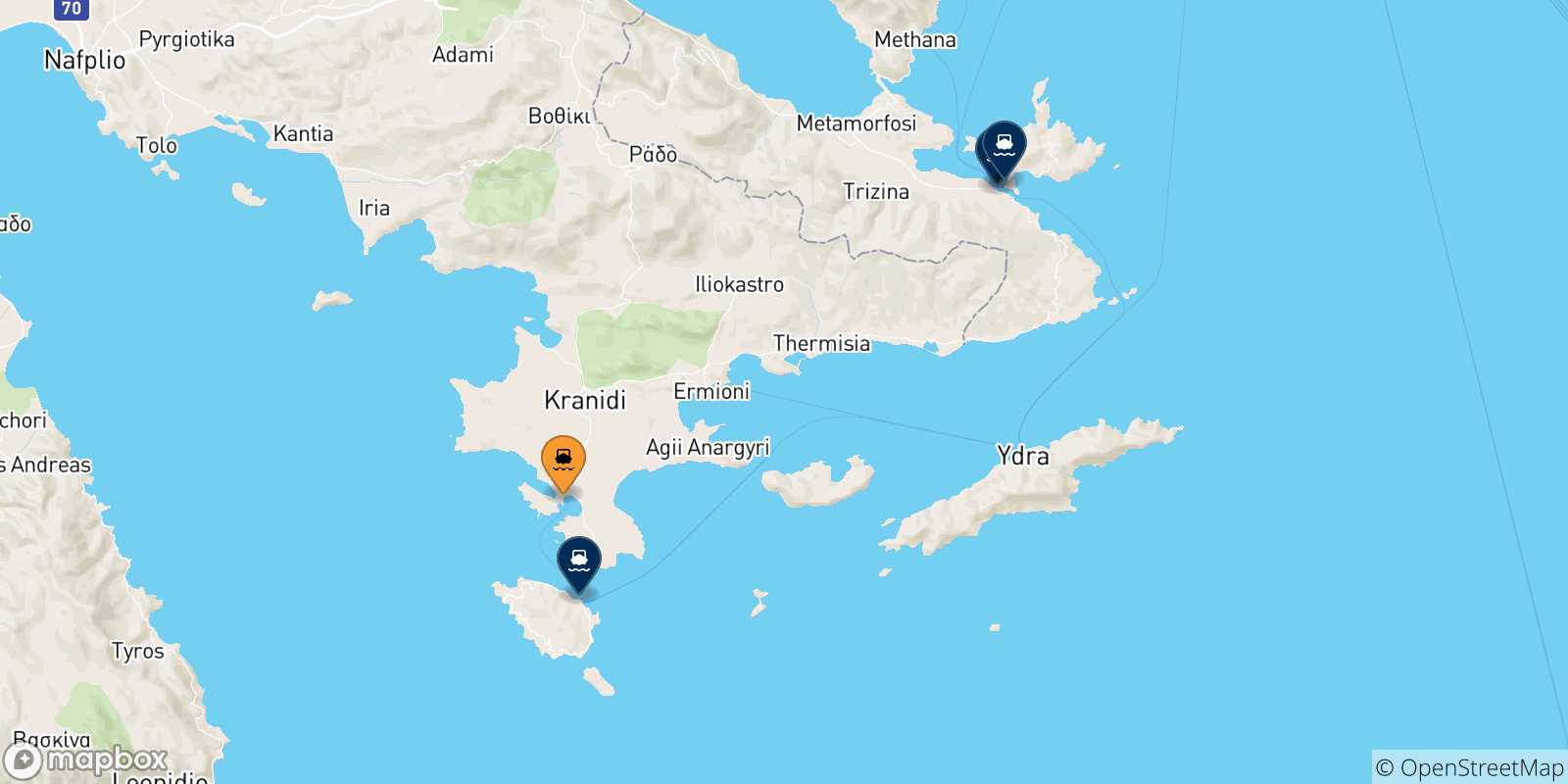Mapa de las posibles rutas entre Porto Heli y  Islas Sarónicas