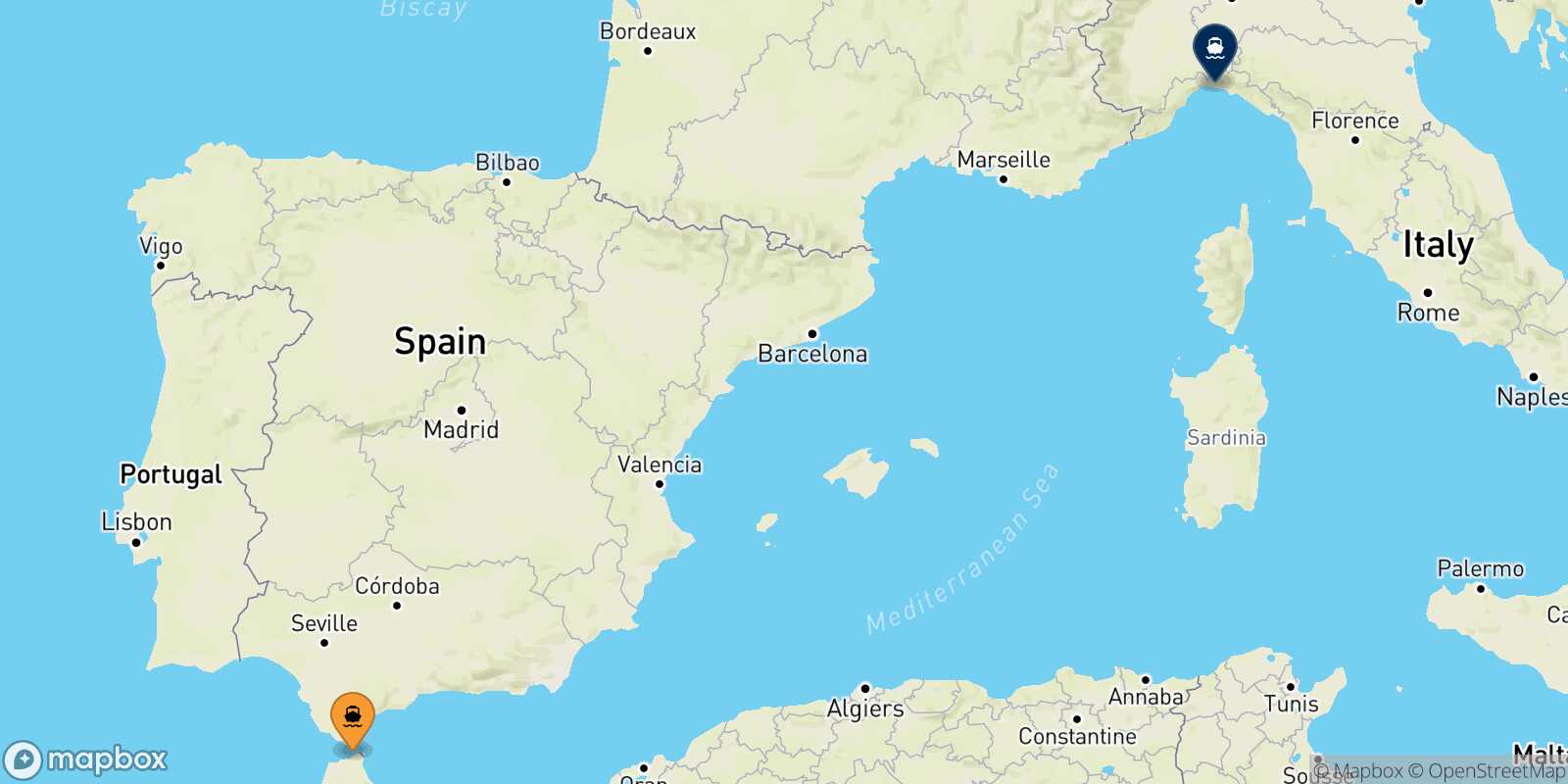 Mapa de la ruta Tánger Med Genova