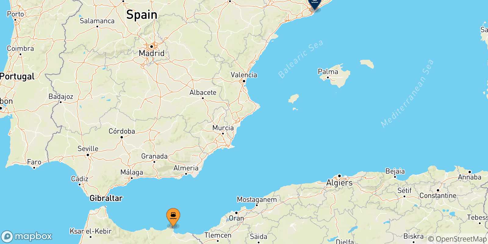 Mapa de las posibles rutas entre Nador y  España