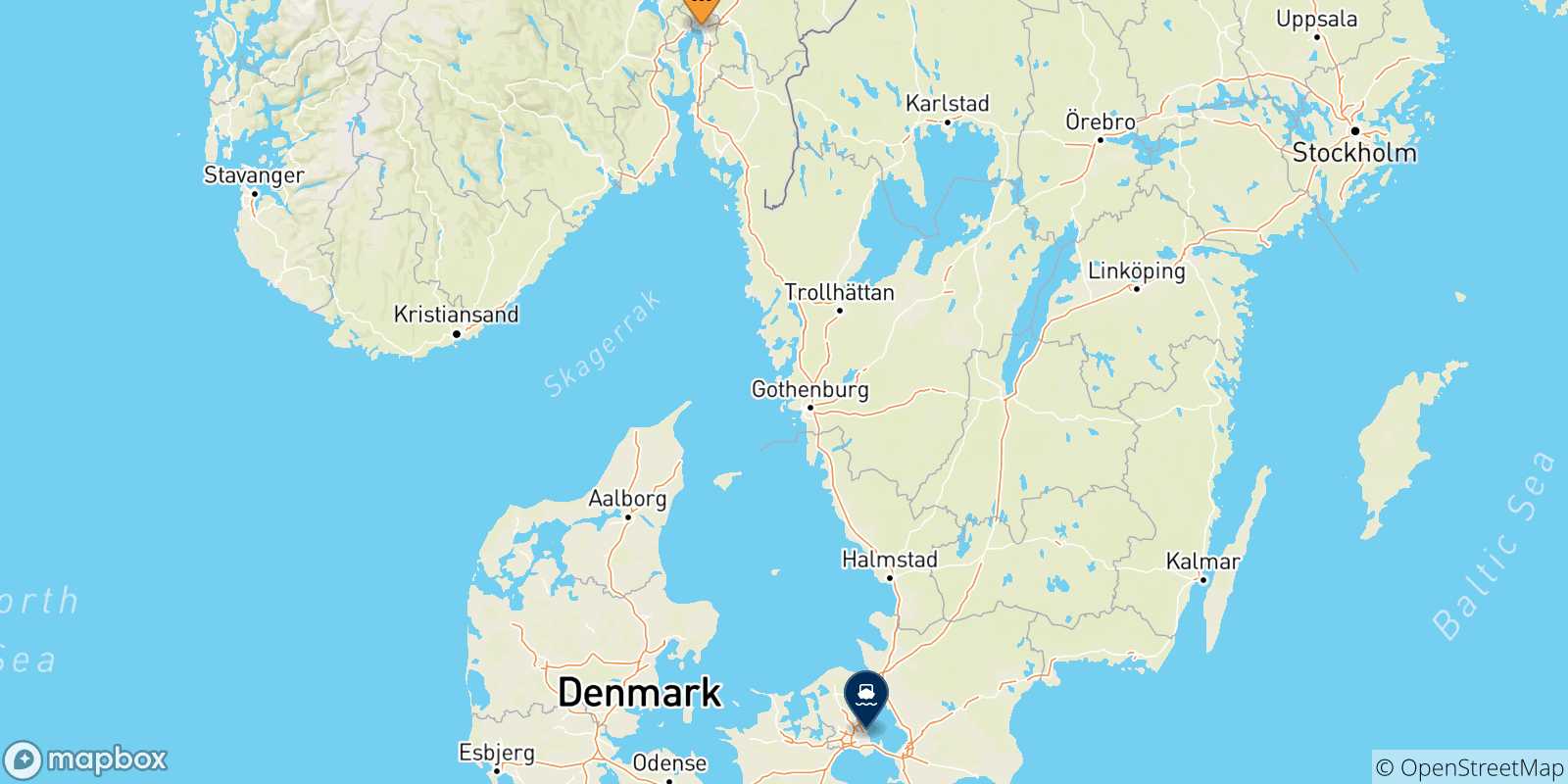 Mapa de las posibles rutas entre Noruega y  Dinamarca