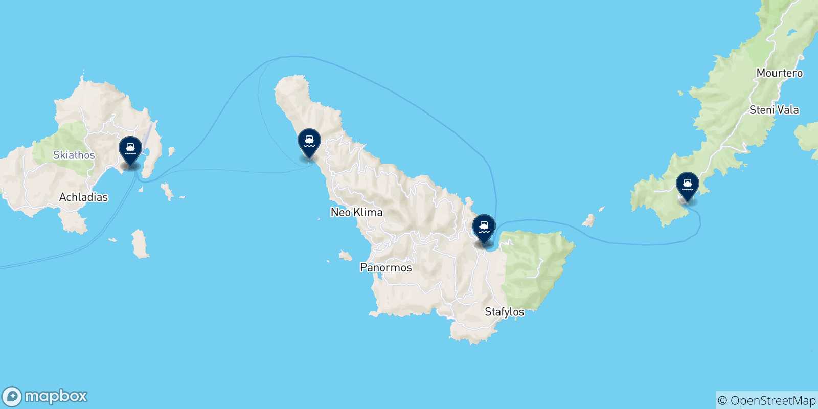 Mapa de las posibles rutas entre Skiathos y  Islas Espóradas