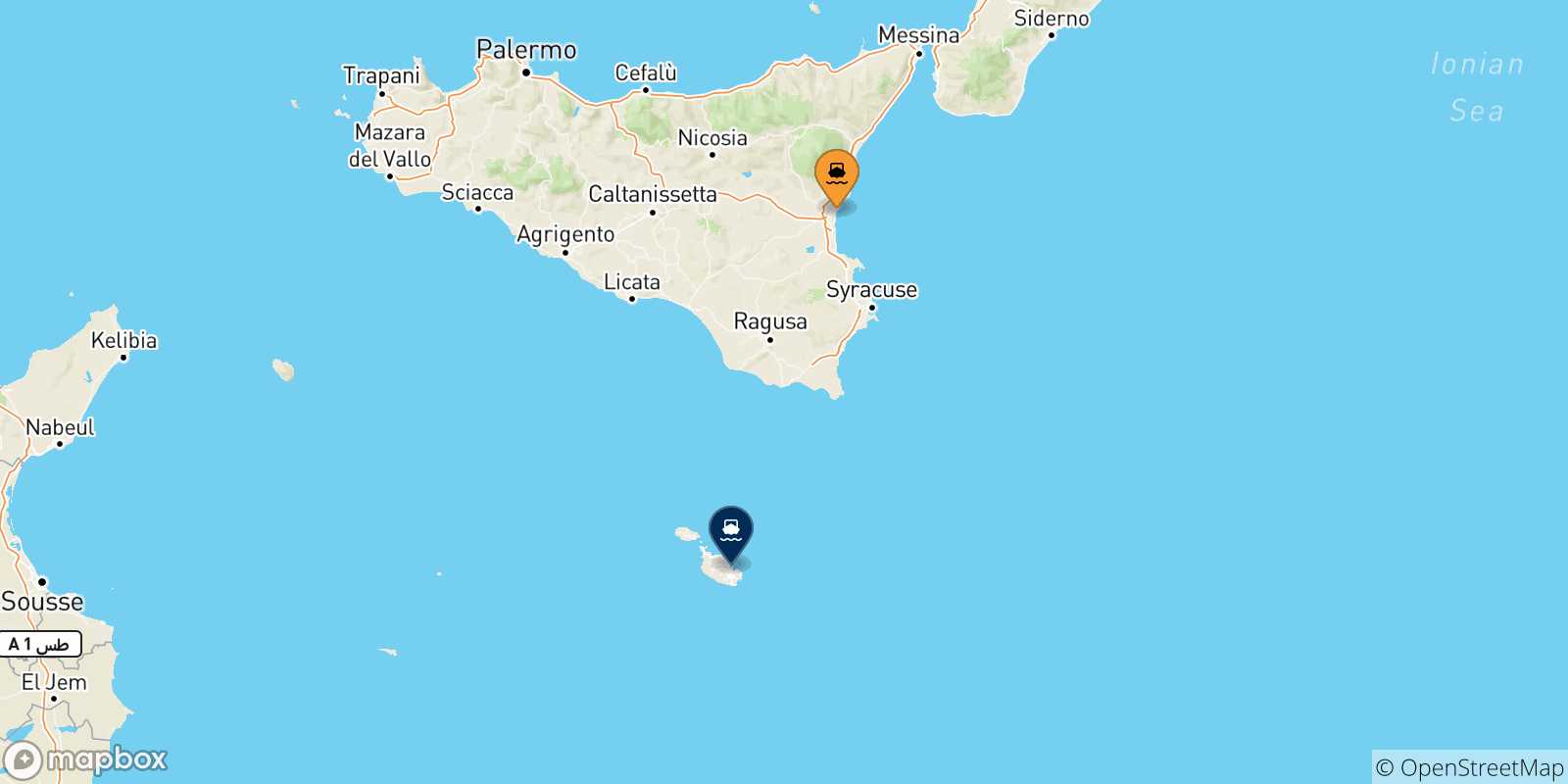 Mapa de las posibles rutas entre Catania y  Malta