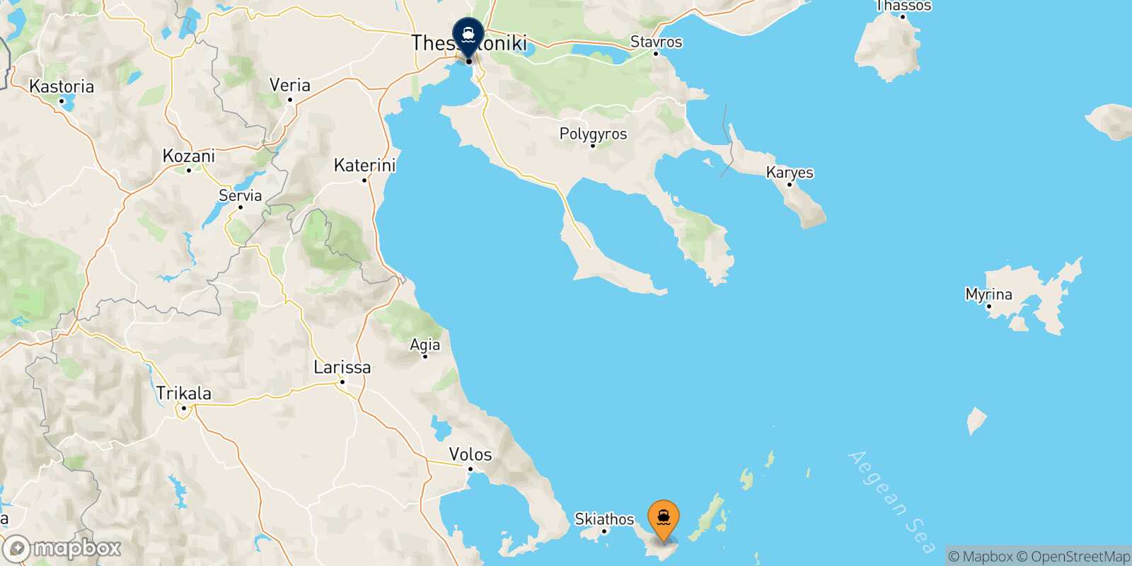 Mapa de la ruta Skopelos Salónica