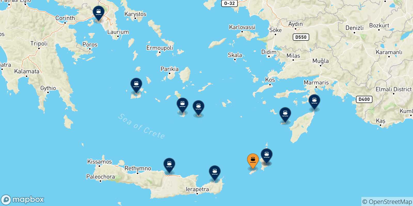 Mapa de las posibles rutas entre Kasos y  Grecia
