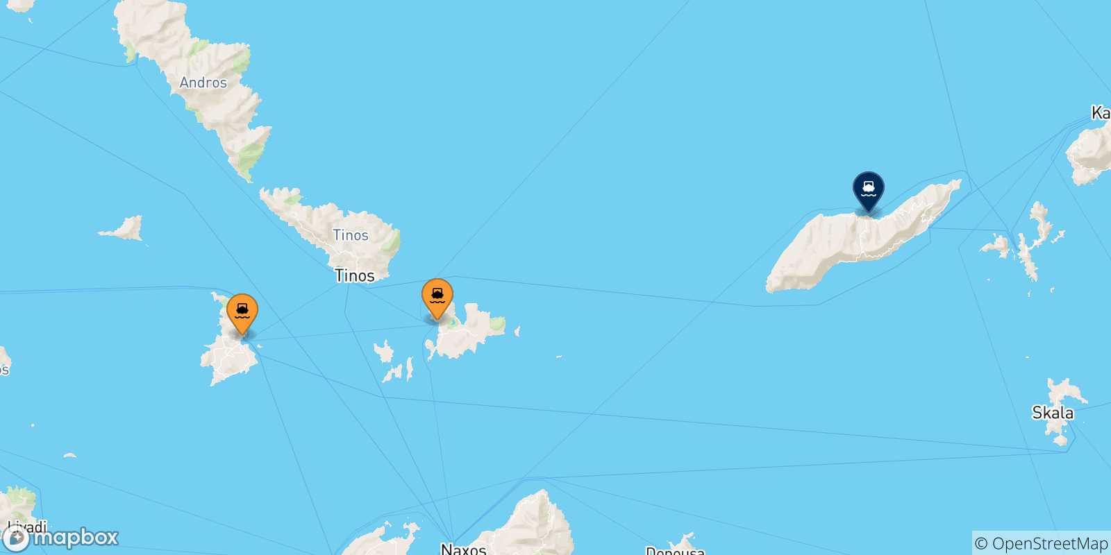 Mapa de las posibles rutas entre Las Cicladas y  Evdilos (Ikaria)