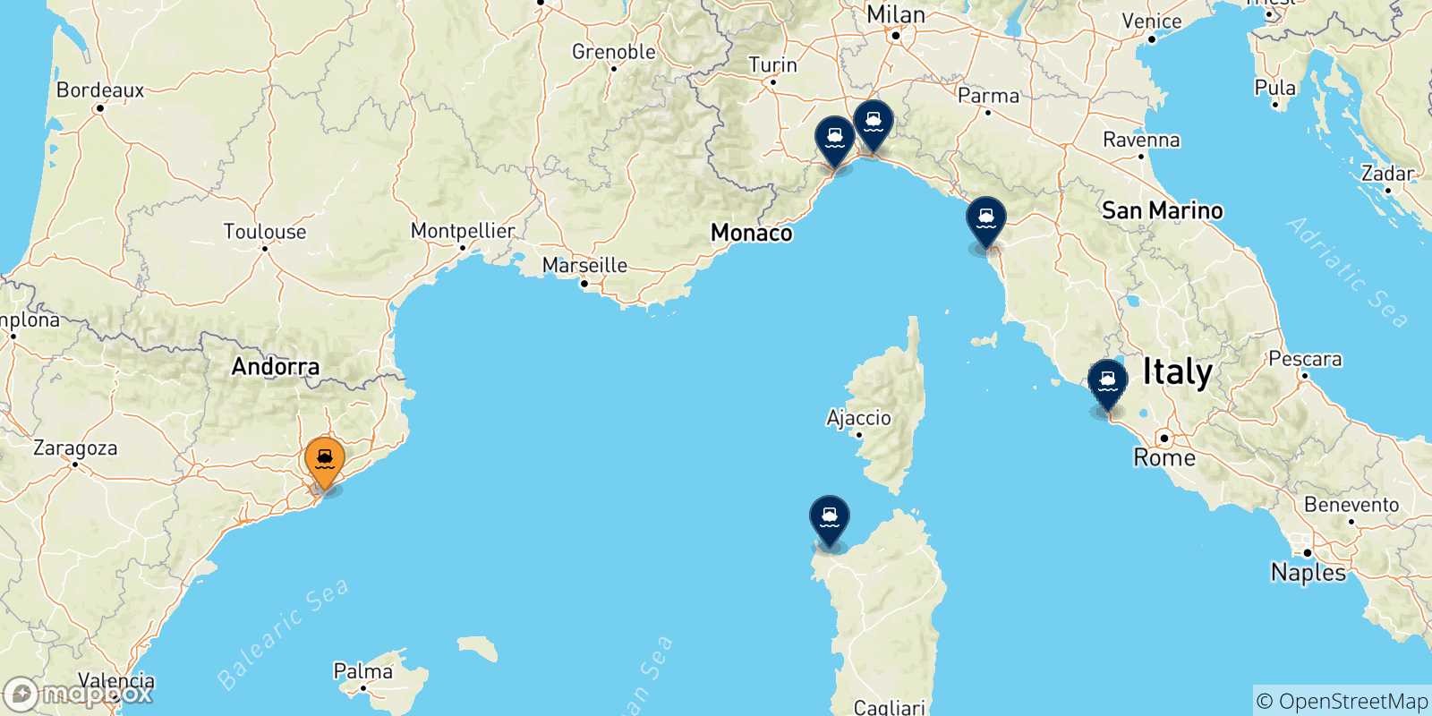 Mapa de las posibles rutas entre Barcelona y  Italia