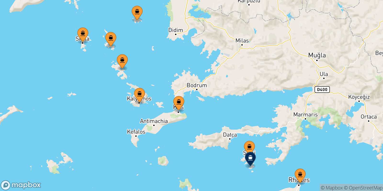 Mapa de los puertos conectados con  Panormitis (Symi)