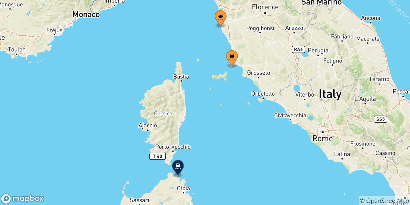 Mapa de las posibles rutas entre Italia y  Golfo Aranci
