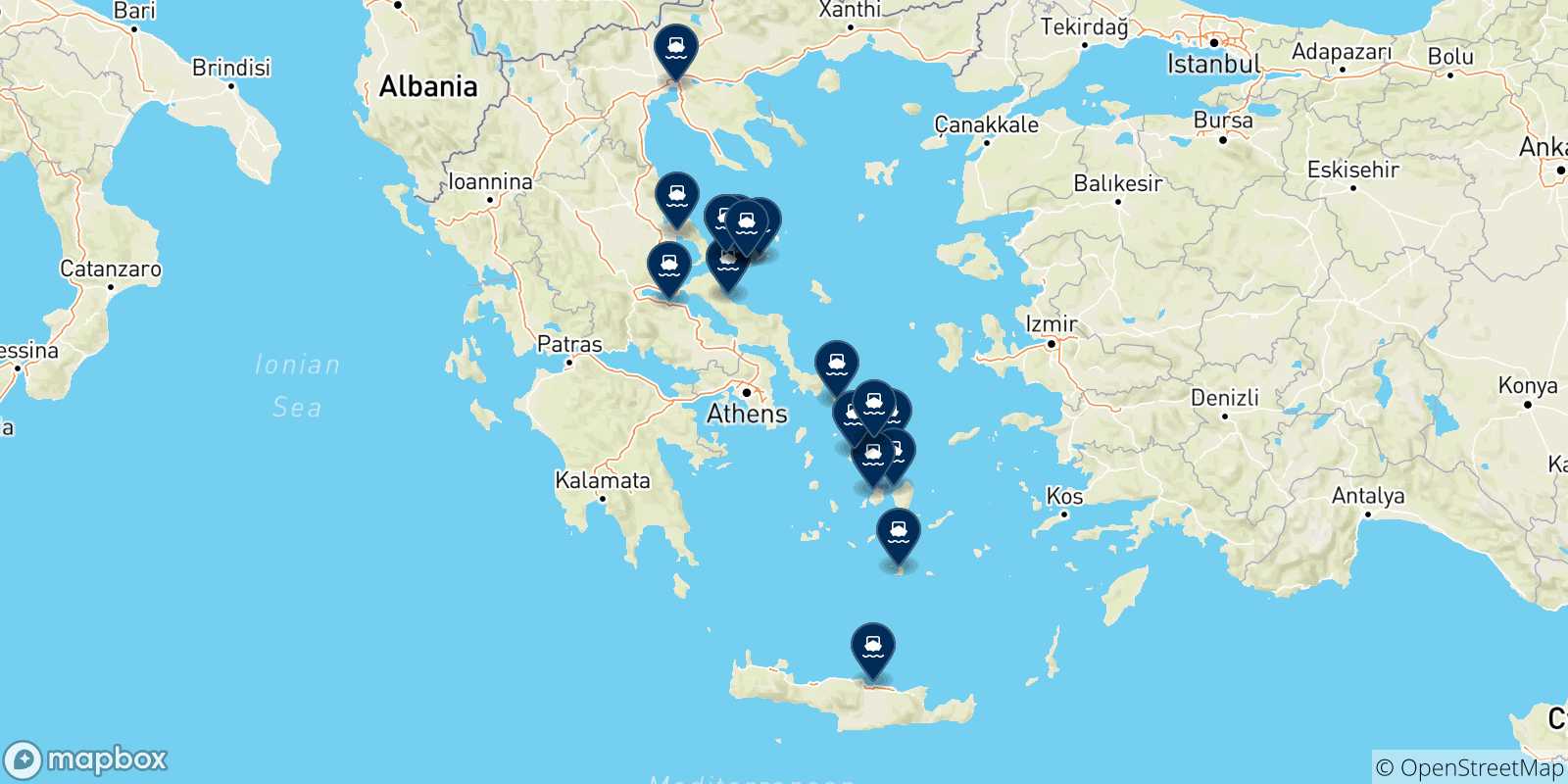 Mapa de las posibles rutas entre Skiathos y  Grecia
