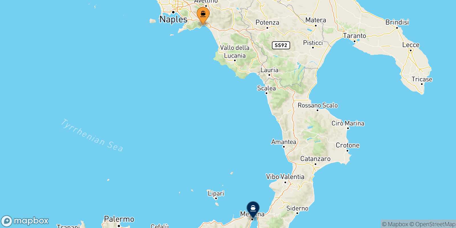 Mapa de la ruta Salerno Mesina