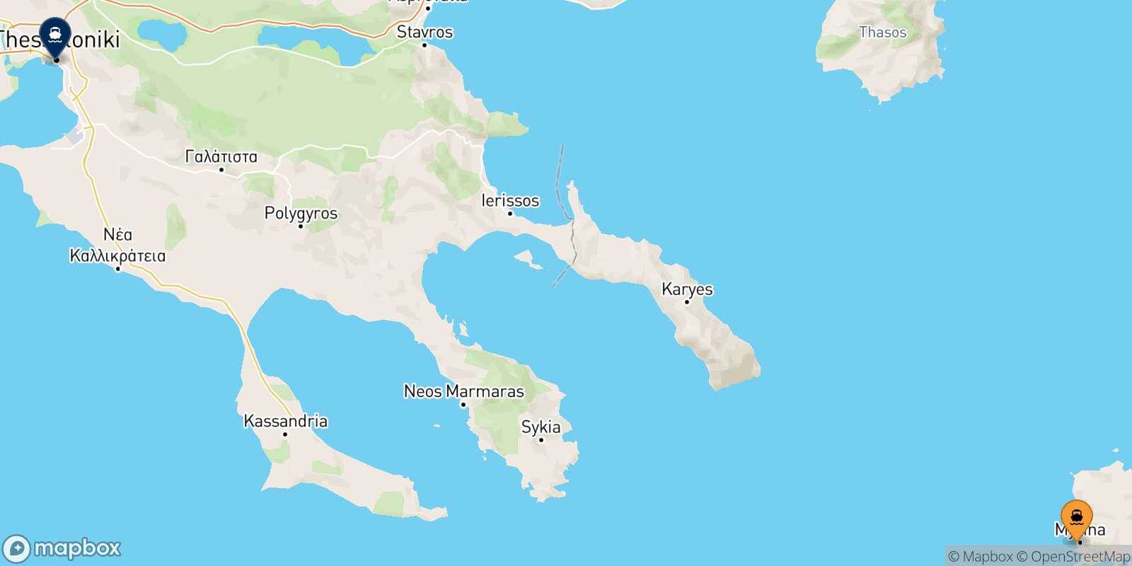 Mapa de la ruta Mirina (Limnos) Salónica