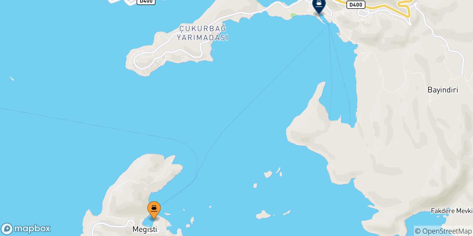Mapa de las posibles rutas entre Kastelorizo y  Turquía