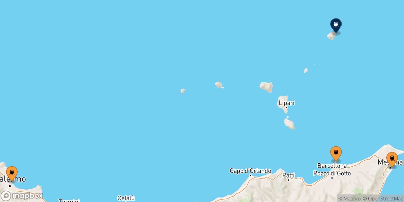 Mapa de los puertos conectados con  Stromboli