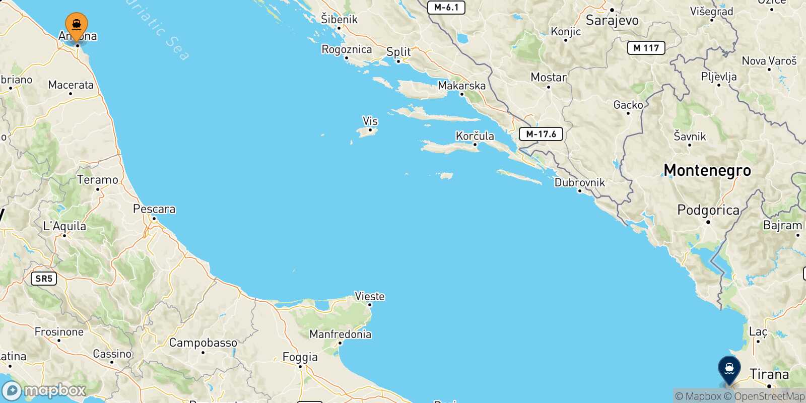 Mapa de la ruta Ancona Durres