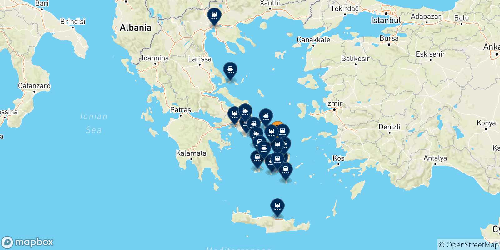 Mapa de las posibles rutas entre Tinos y  Grecia