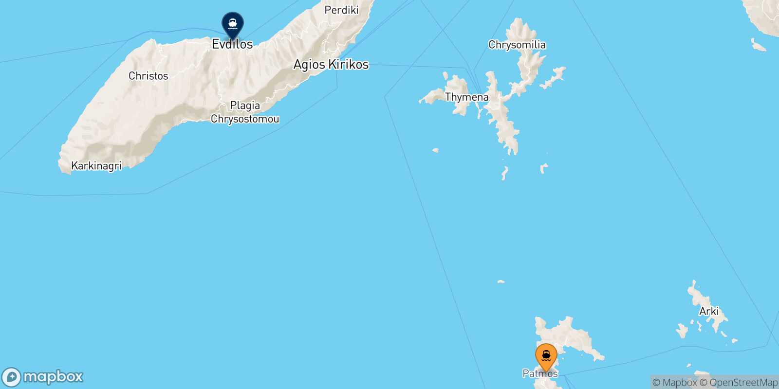 Mapa de la ruta Patmos Evdilos (Ikaria)