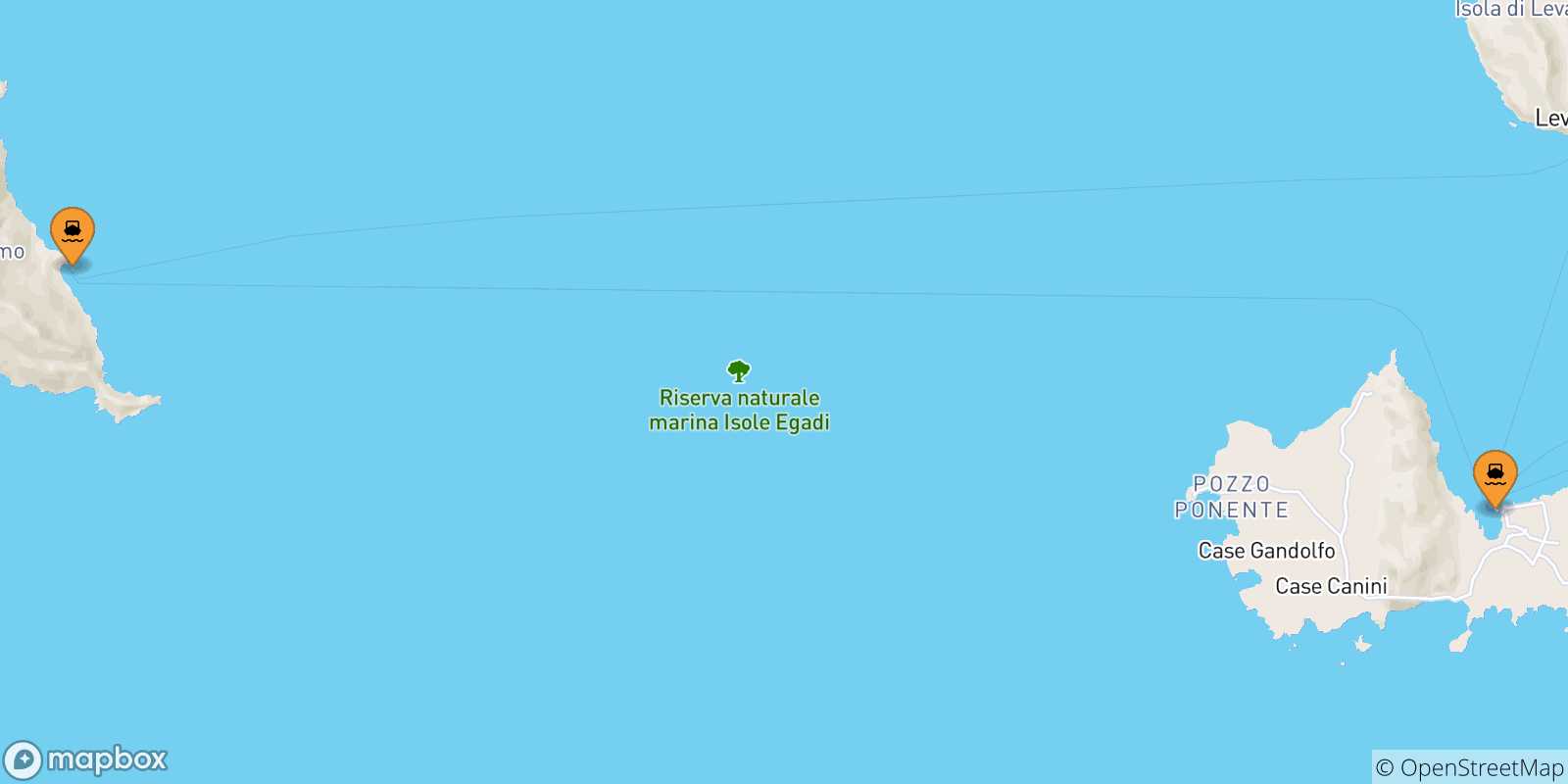 Mapa de las posibles rutas entre Islas Egadas y  Levanzo