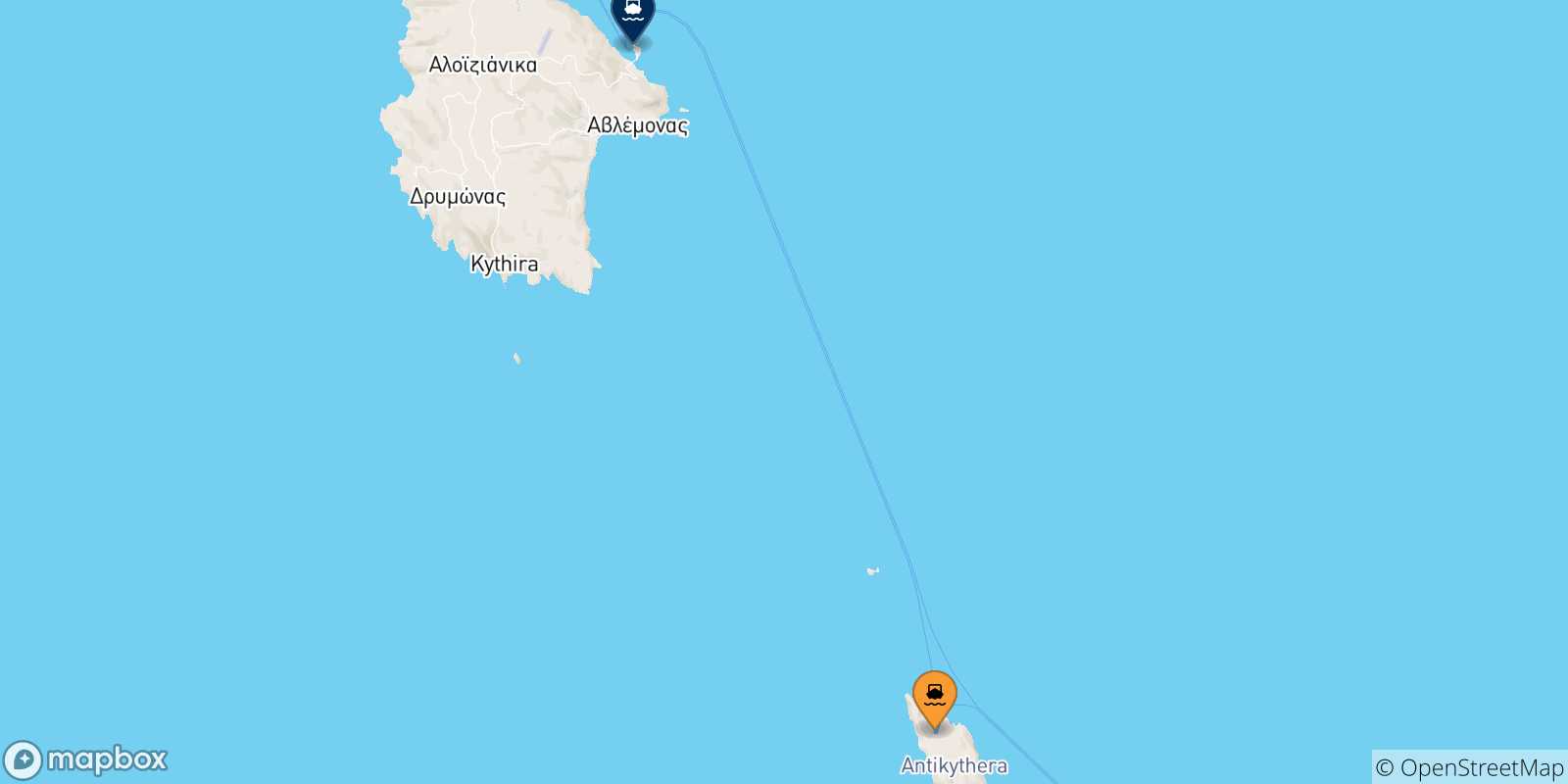 Mapa de las posibles rutas entre Antikythira y  Islas Jonicas