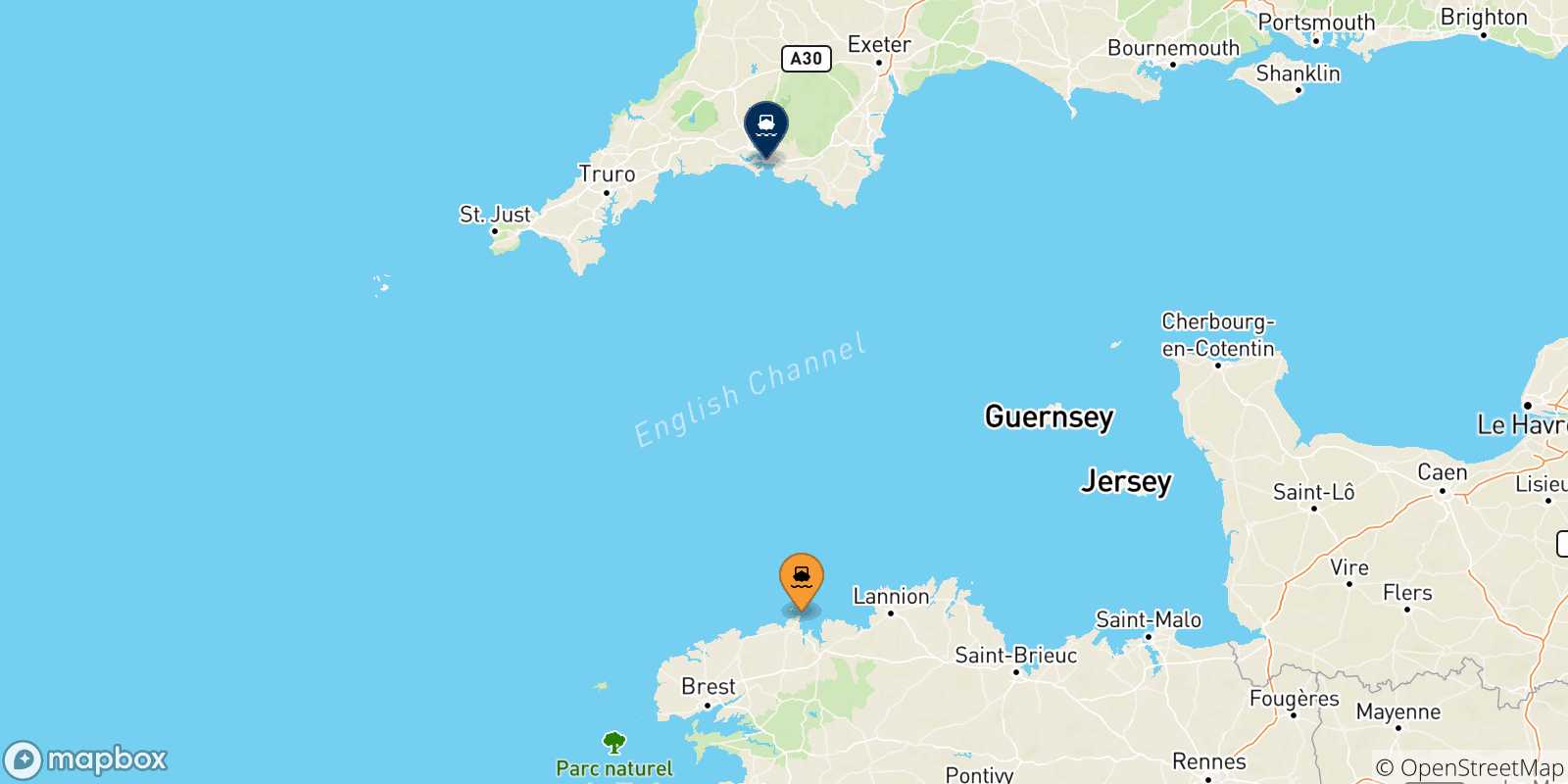 Mapa de las posibles rutas entre Roscoff y  Inglaterra