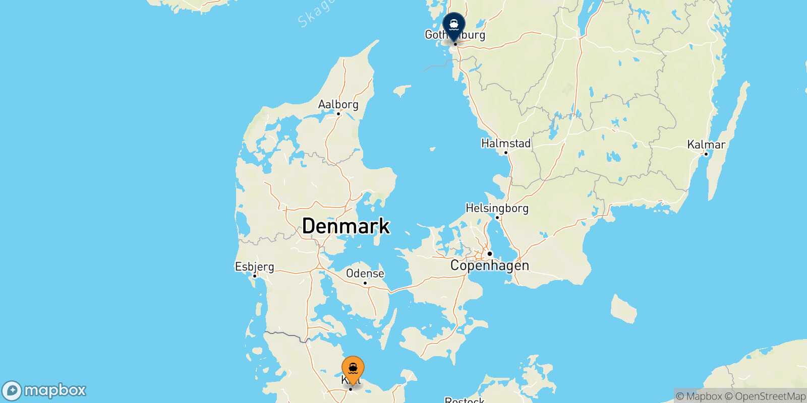 Mapa de los puertos conectados con  Gotemburgo