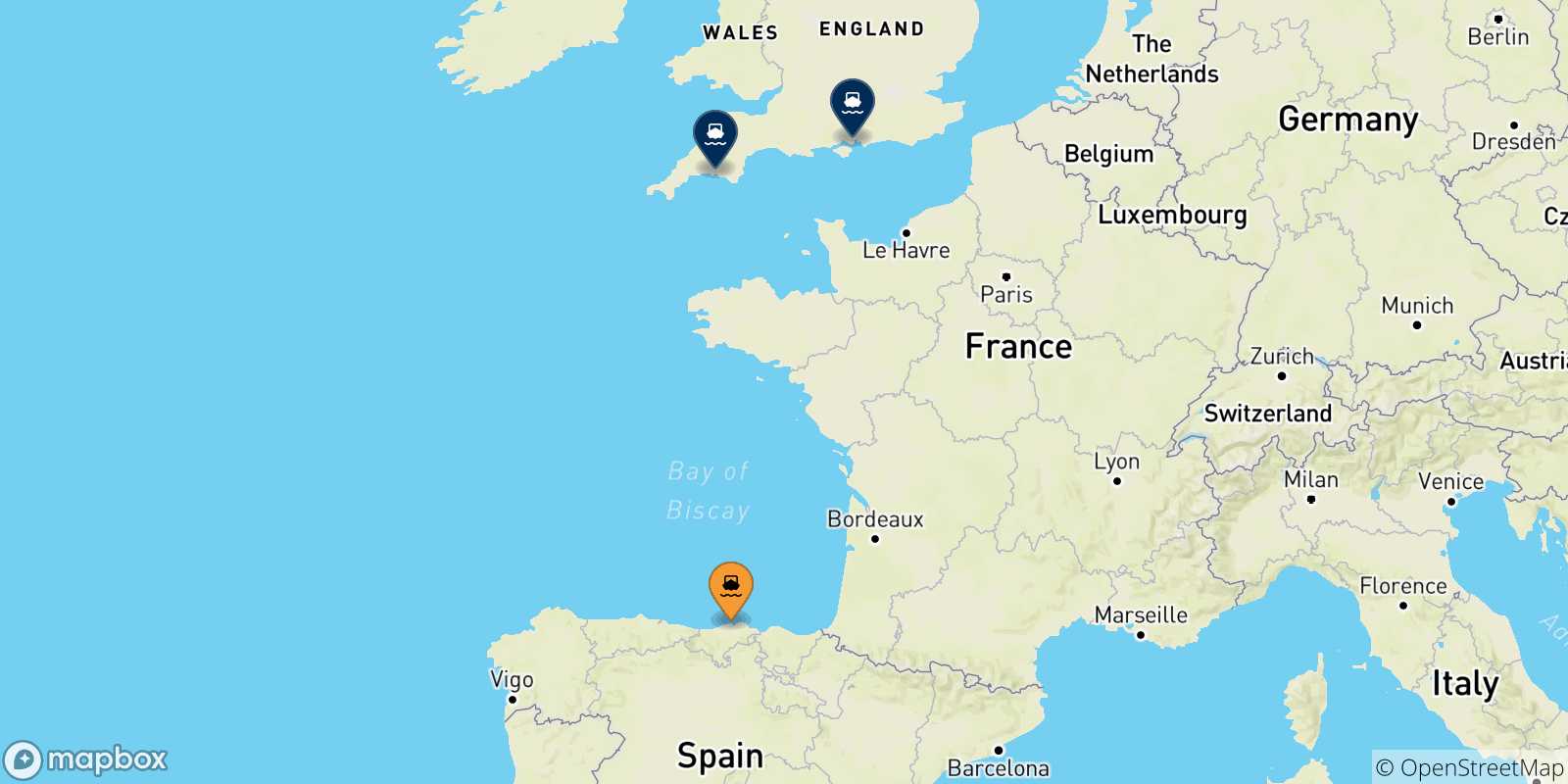 Mapa de las posibles rutas entre Santander y  Reino Unido