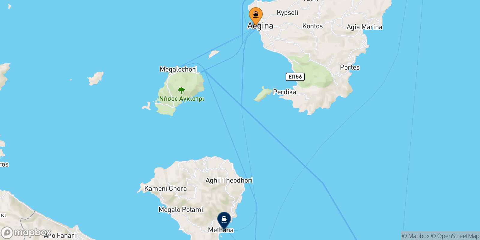 Mapa de la ruta Aegina Methana