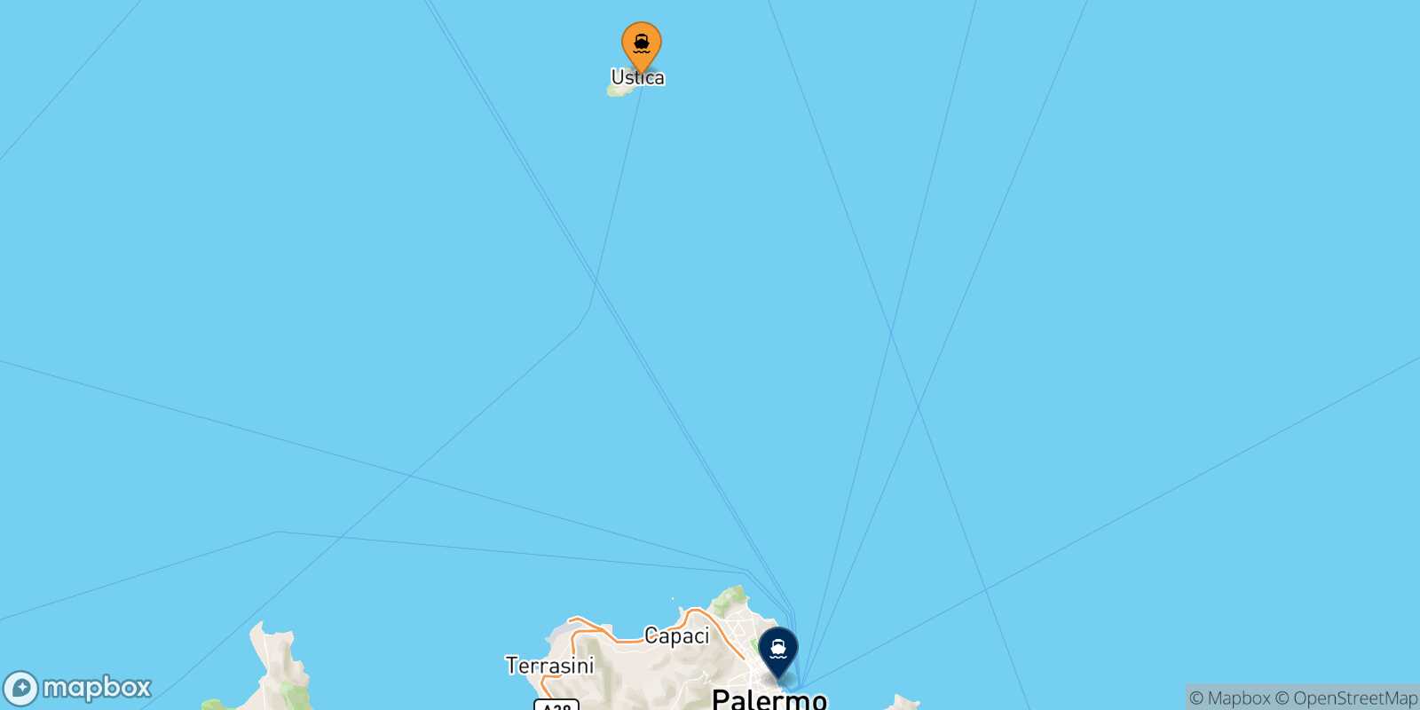 Mapa de la ruta Ustica Palermo