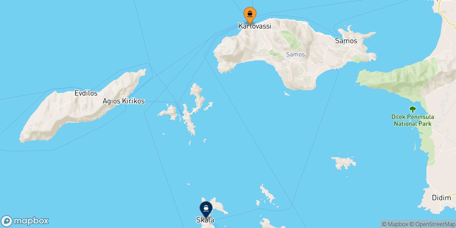 Mapa de la ruta Pythagorio (Samos) Patmos