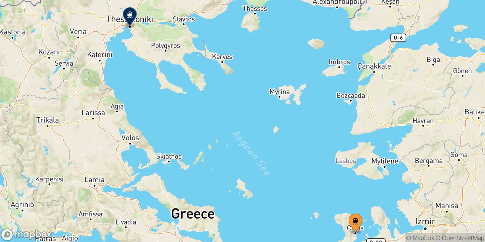 Mapa de la ruta Quios Salónica