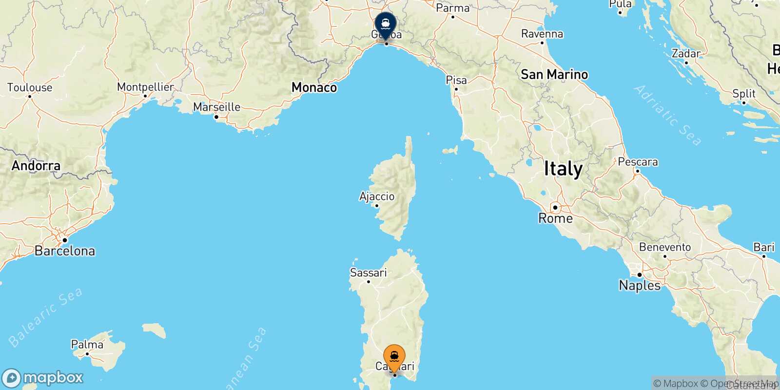 Mapa de la ruta Cagliari Genova
