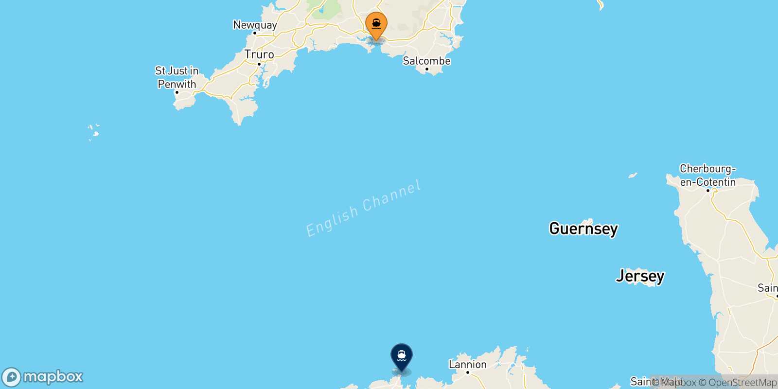 Mapa de la ruta Plymouth Roscoff