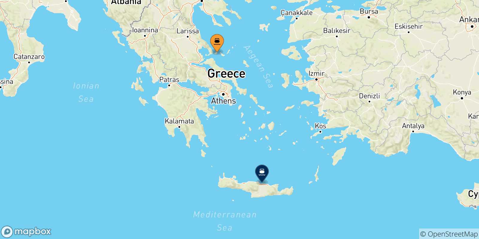 Mapa de las posibles rutas entre Skiathos y  Creta
