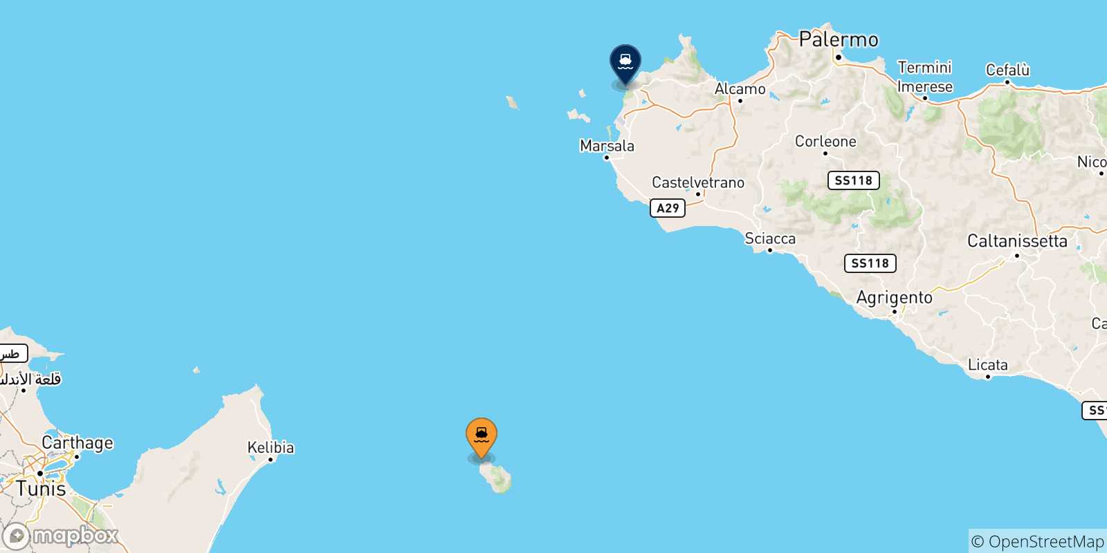Mapa de las posibles rutas entre Pantelaria y  Sicilia