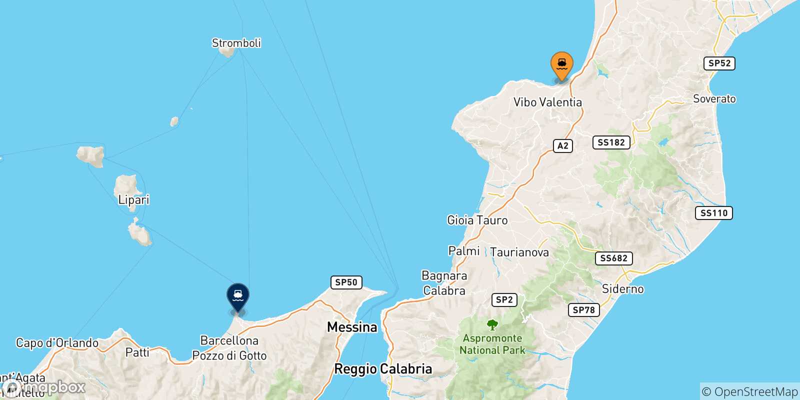 Mapa de las posibles rutas entre Vibo Valentia y  Sicilia