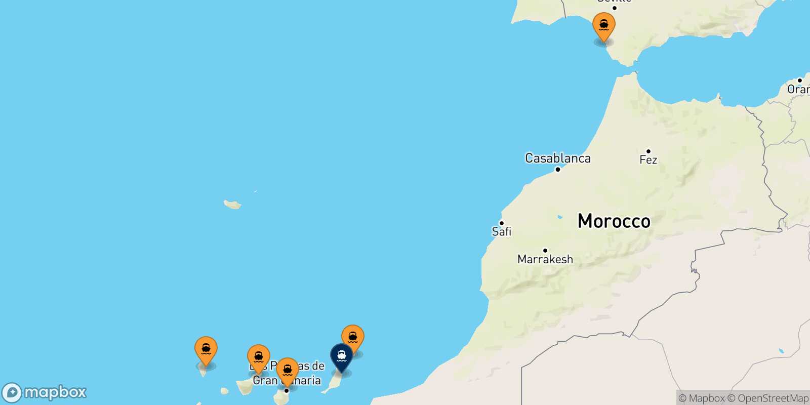 Mapa de los puertos conectados con  Puerto Del Rosario (Fuerteventura)