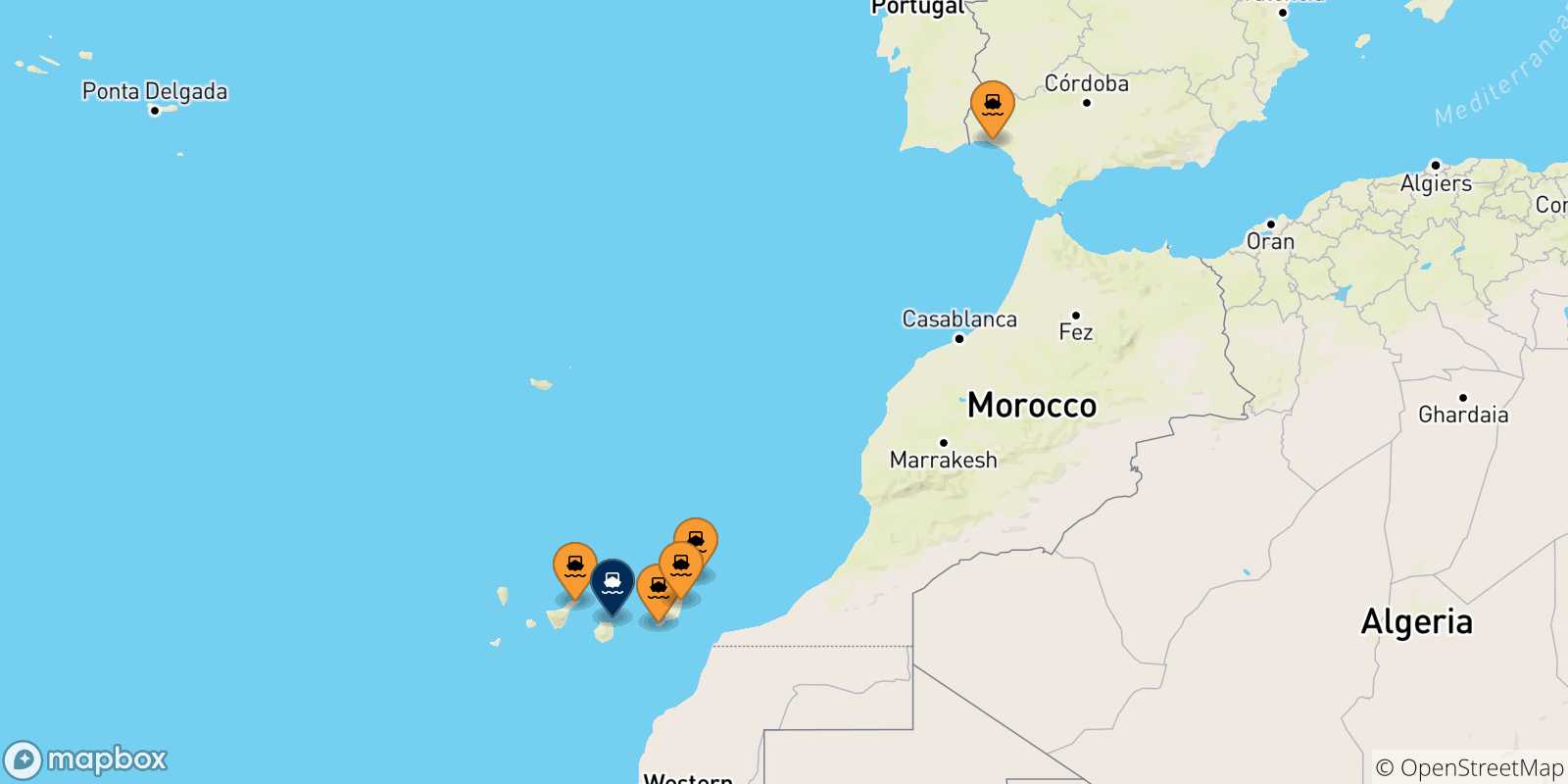 Mapa de las posibles rutas entre España y  Las Palmas De Gran Canaria