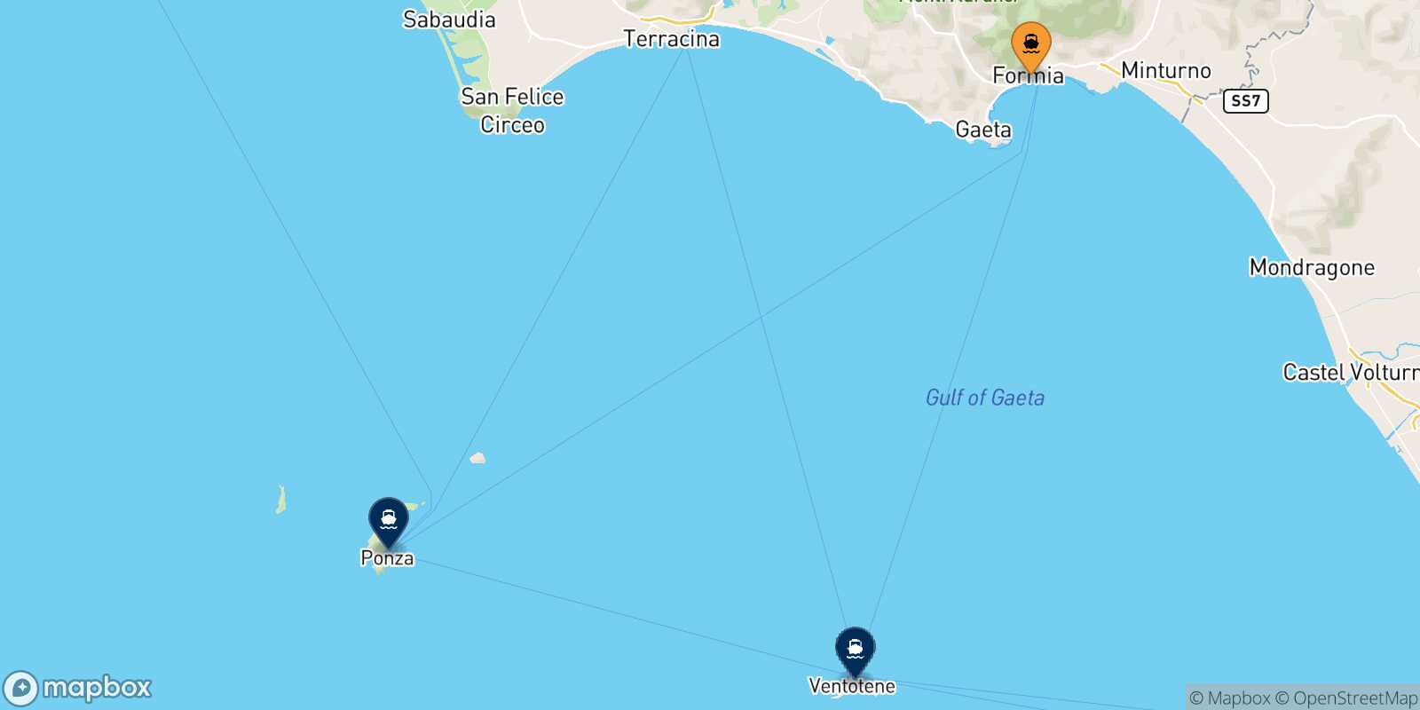Mapa de los destinos alcanzables de Formia