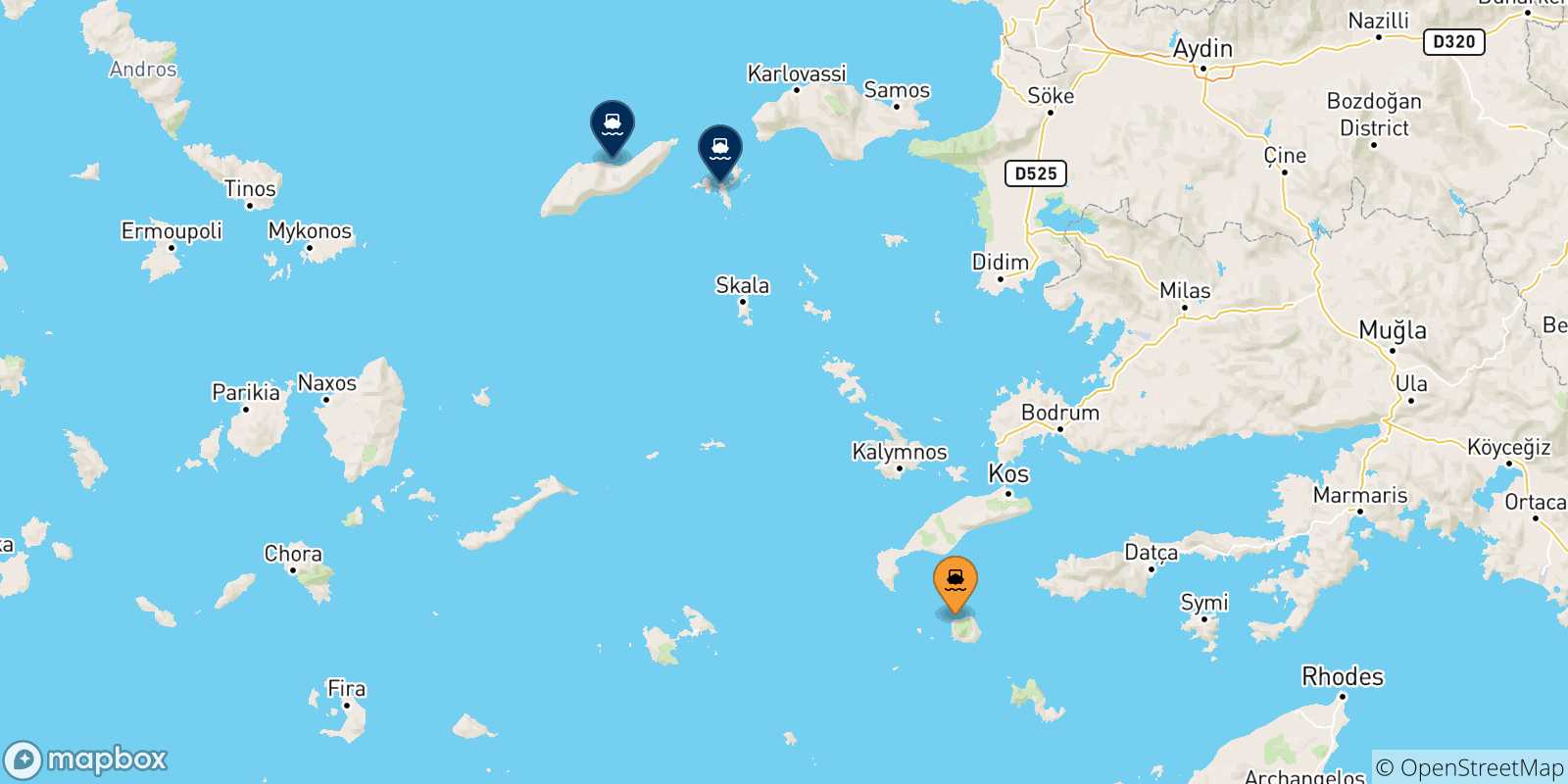 Mapa de las posibles rutas entre Nisyros y  Islas Del Egeo