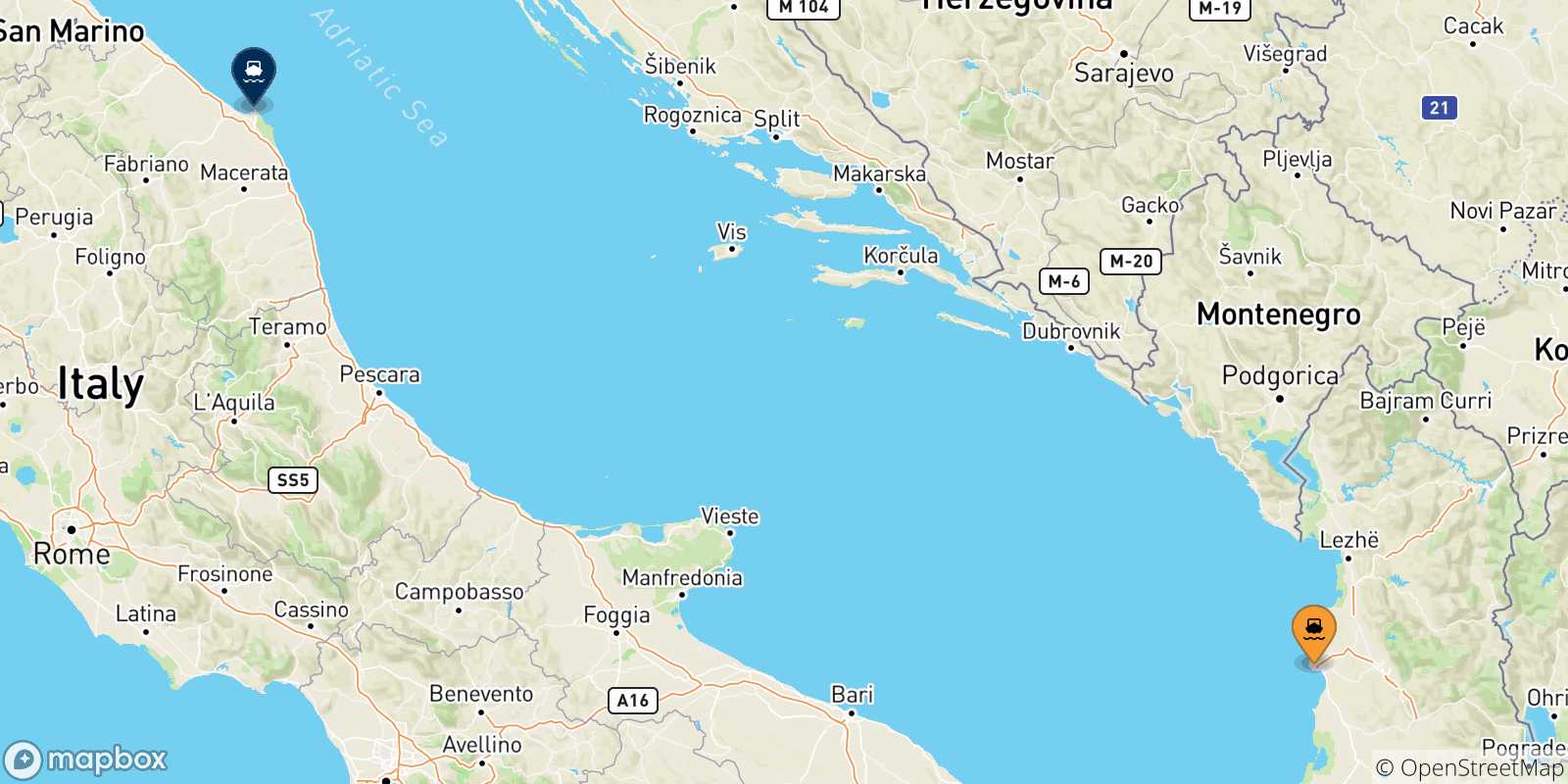 Mapa de las posibles rutas entre Albania y  Ancona