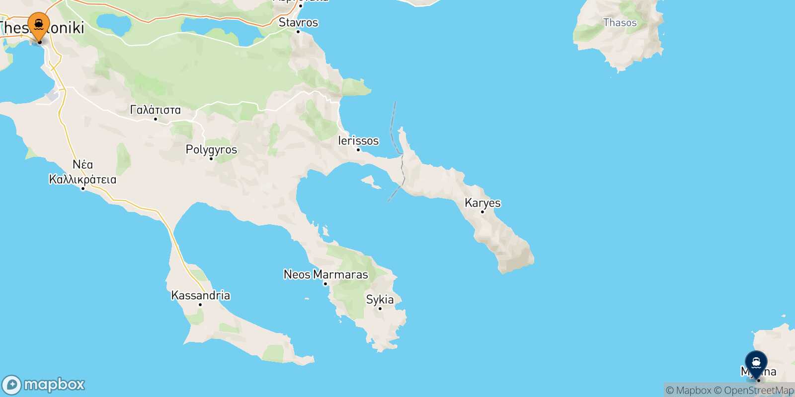 Mapa de la ruta Salónica Mirina (Limnos)