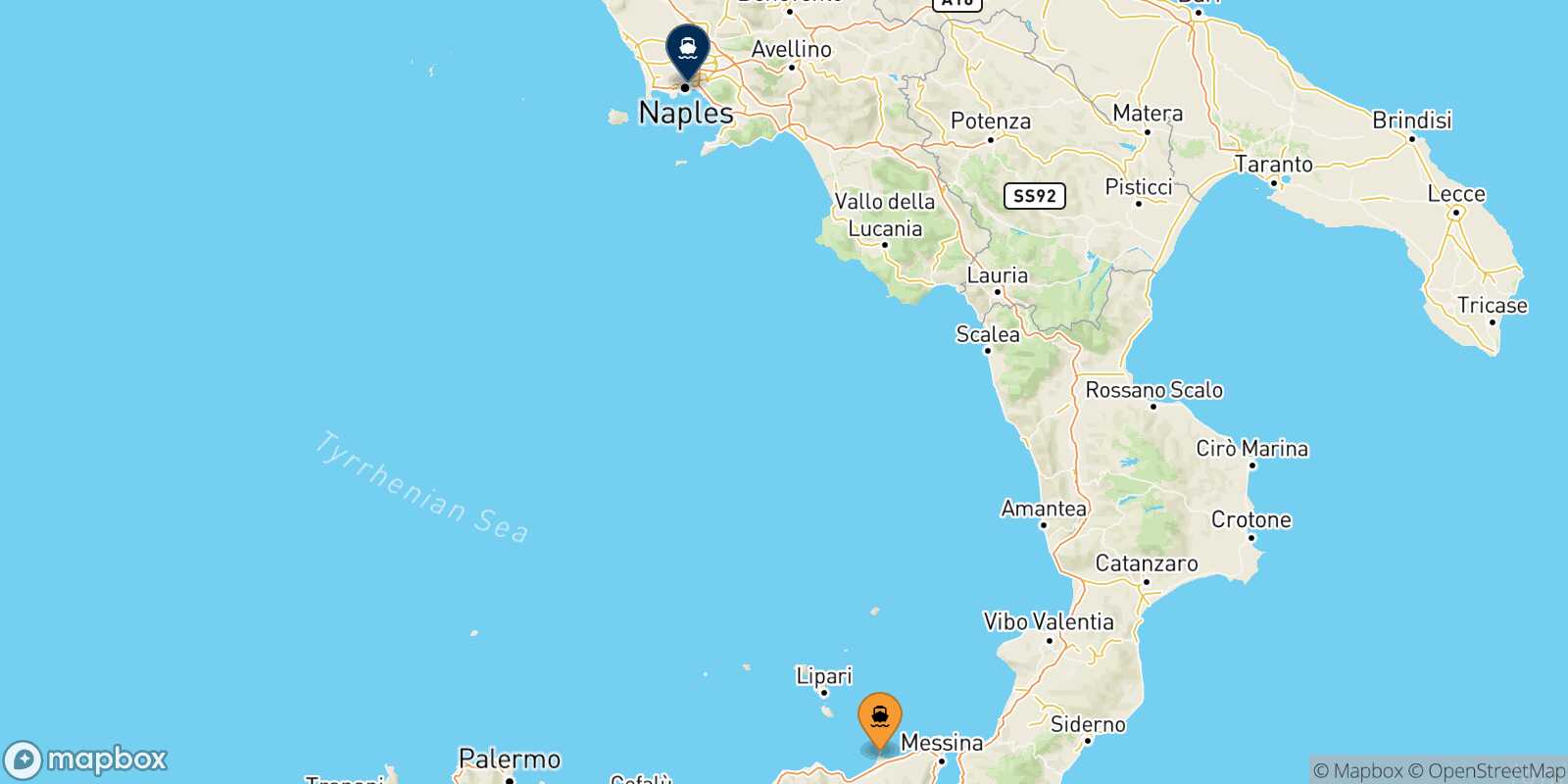 Mapa de la ruta Milazzo Nápoles
