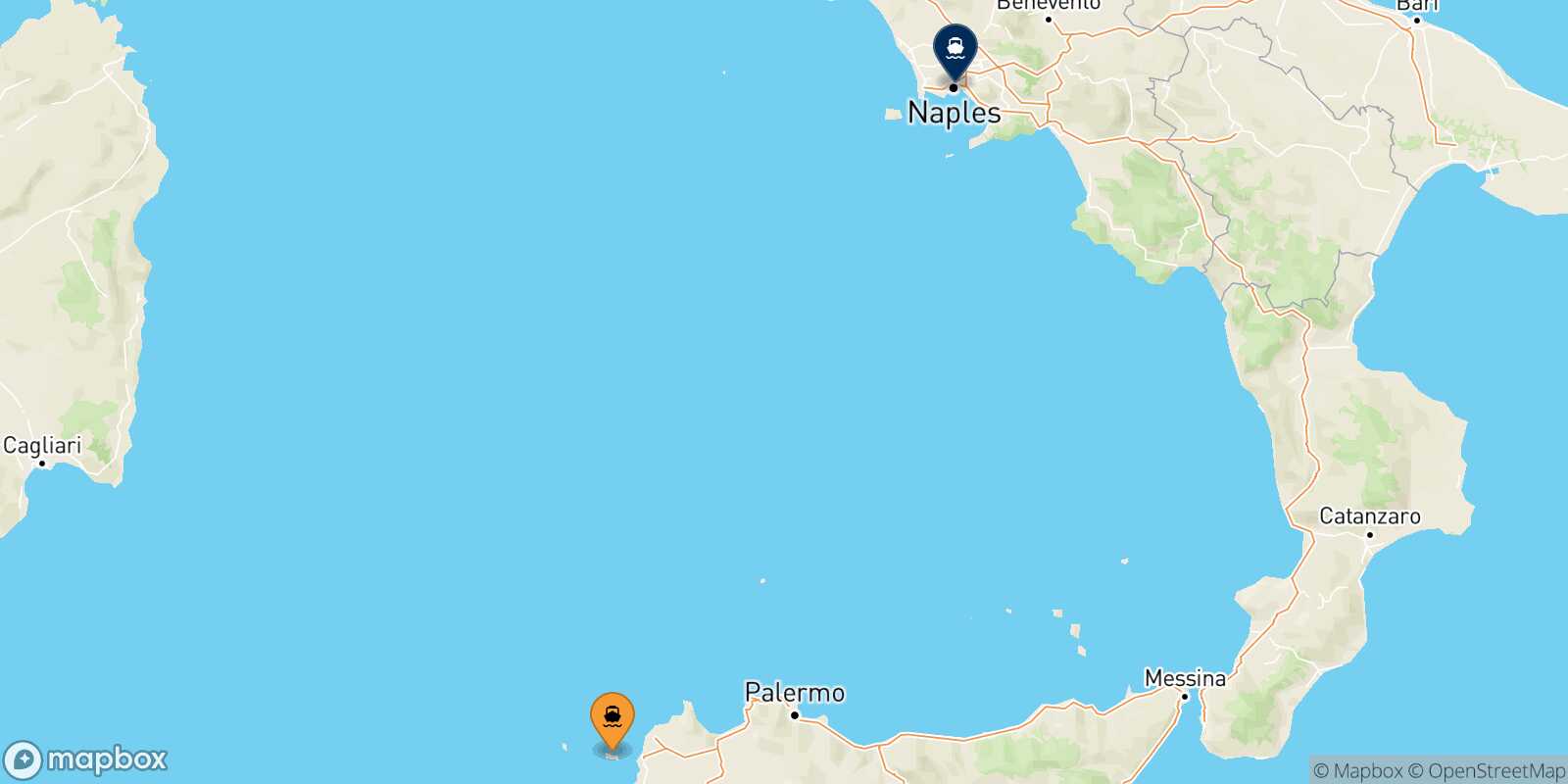 Mapa de la ruta Favignana Nápoles Beverello
