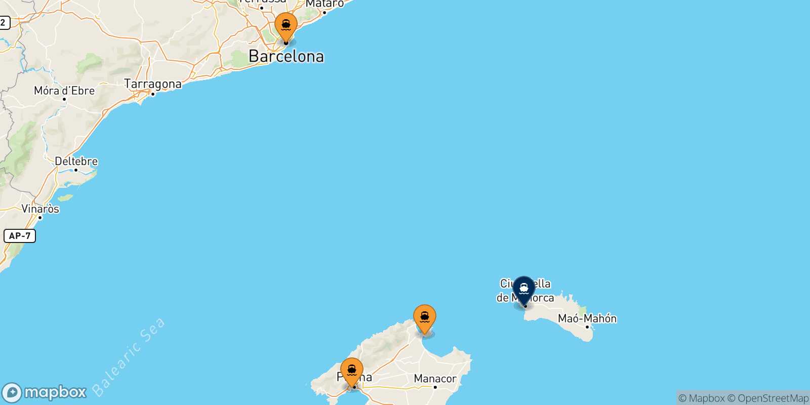 Mapa de los puertos conectados con  Ciudadela (Menorca)