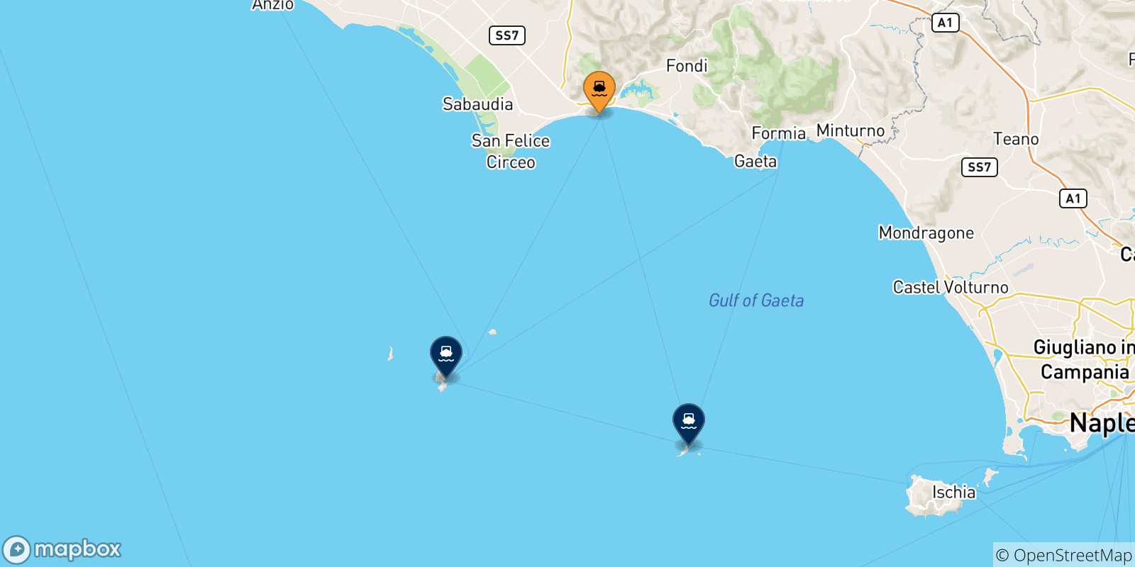 Mapa de las posibles rutas entre Terracina y  Islas Pontinas