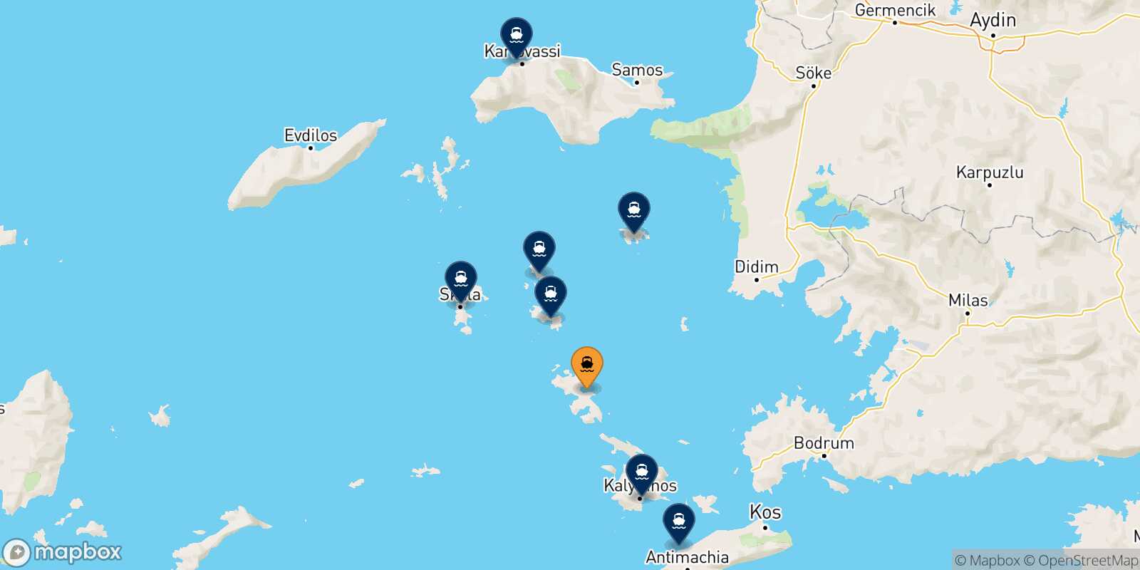 Mapa de los destinos alcanzables de Agia Marina (Leros)
