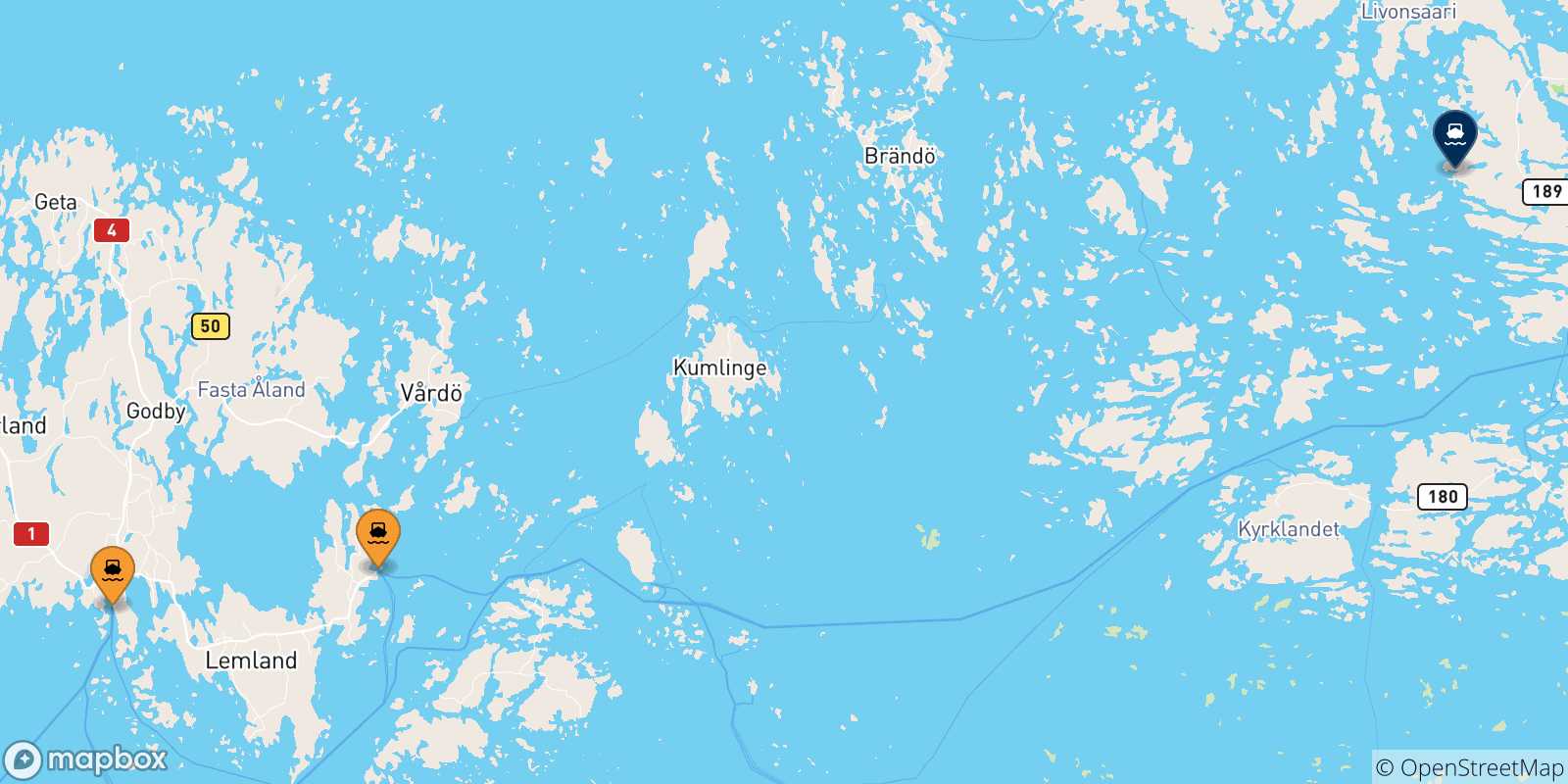 Mapa de las posibles rutas entre Islas Aland y  Turku