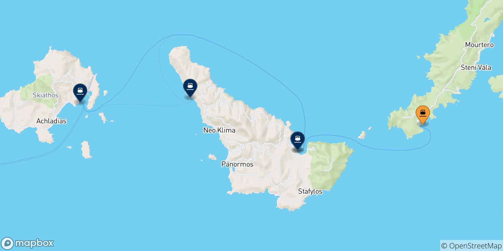 Mapa de las posibles rutas entre Alonissos y  Islas Espóradas
